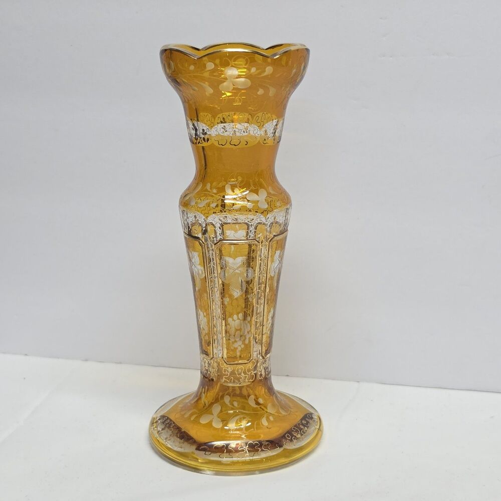 Vintage Old Bohemian Etched Crystal Honey Amber Czech Vase 8”